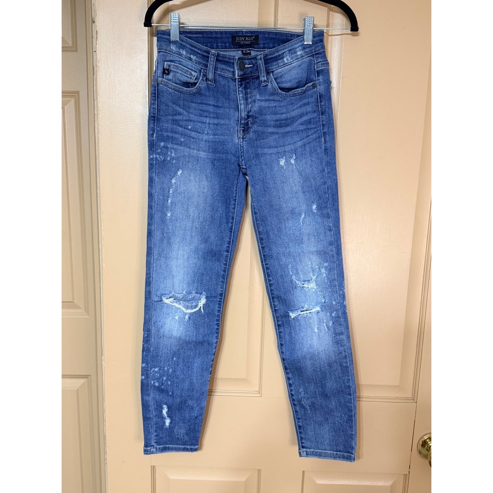 Judy Blue Los Angeles Distressed Skinny Jeans Medium Wash Bleach Splatter Size 3